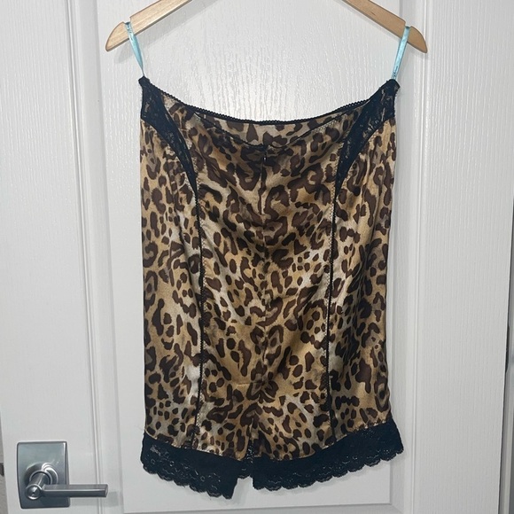 Marciano Leopard Animal Print Silk & Black Lace Slip Skirt Back Slit Stretch Sm - Picture 9 of 10